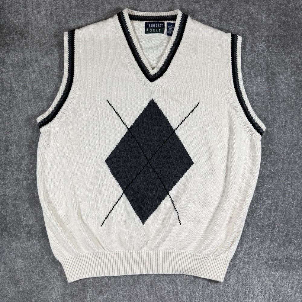 Vintage Trader Bay Golf Sweater Vest Men's Large White V-Neck Argyle Preppy